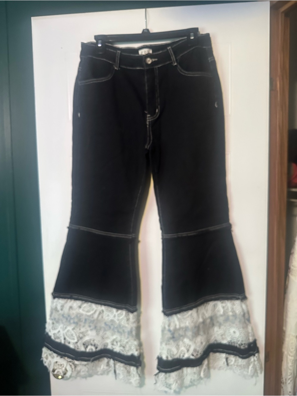 POL Black Flare Jeans with White Lace Hem
